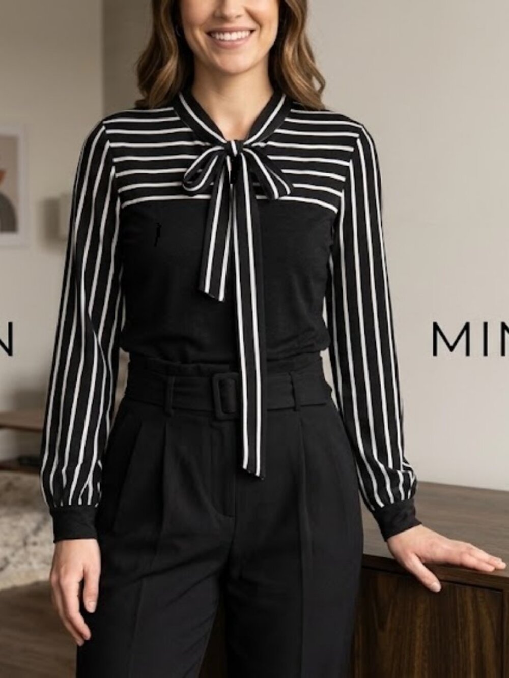 Striped Tie-Neck Long Sleeve Top - Size L